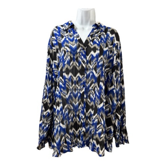 LANE BRYANT Blue Black Blouse Top with Ikat Pattern Semi-Sheer Pleated Sz 18/20 - Picture 1 of 9